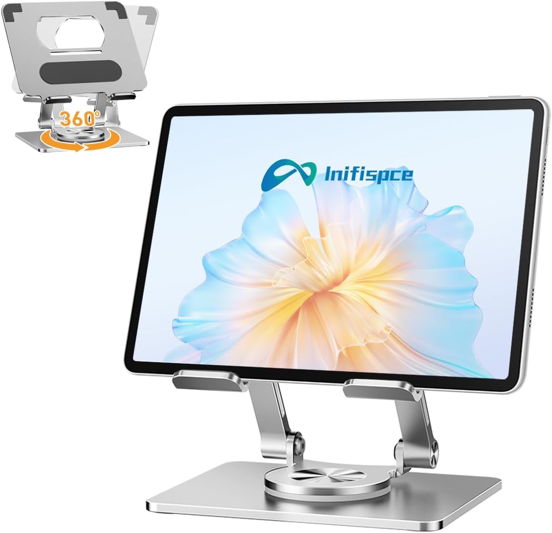 iPad Holder Stand, Tablet Holder with Thickened 360° Rotating Base Dual Rod Adjustable Aluminum Stand for All 4-12.9’’ iPad Surface Samsung Phone Tablet Kindle E-Reader and More, Silver