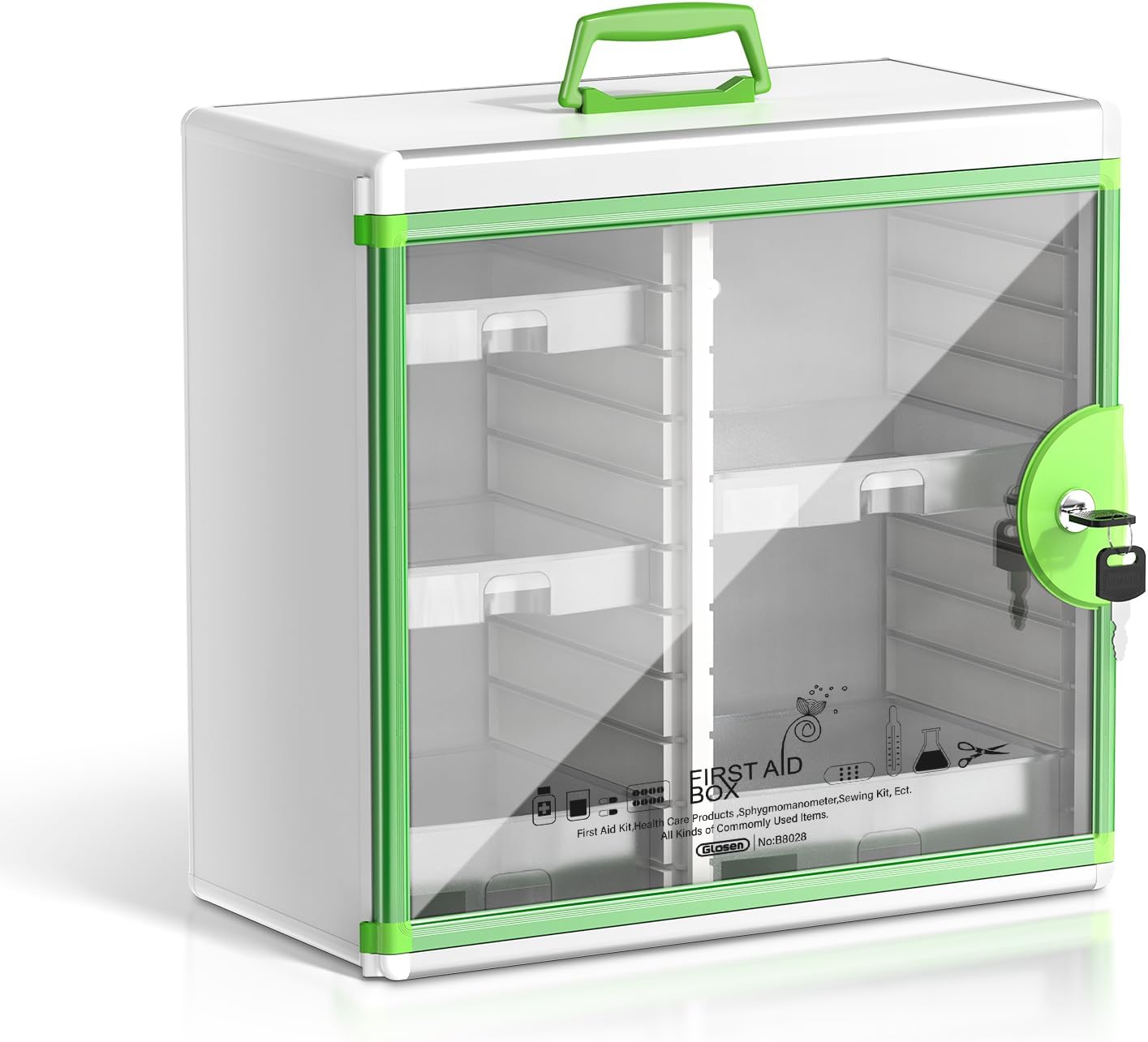 Glosen Medicine Cabinet Locking Medicine Cabinet Wall Mounted【 Green 13.6 x 13.4 x 6.5 Inch 】 Portable Storage Container Big Capacity