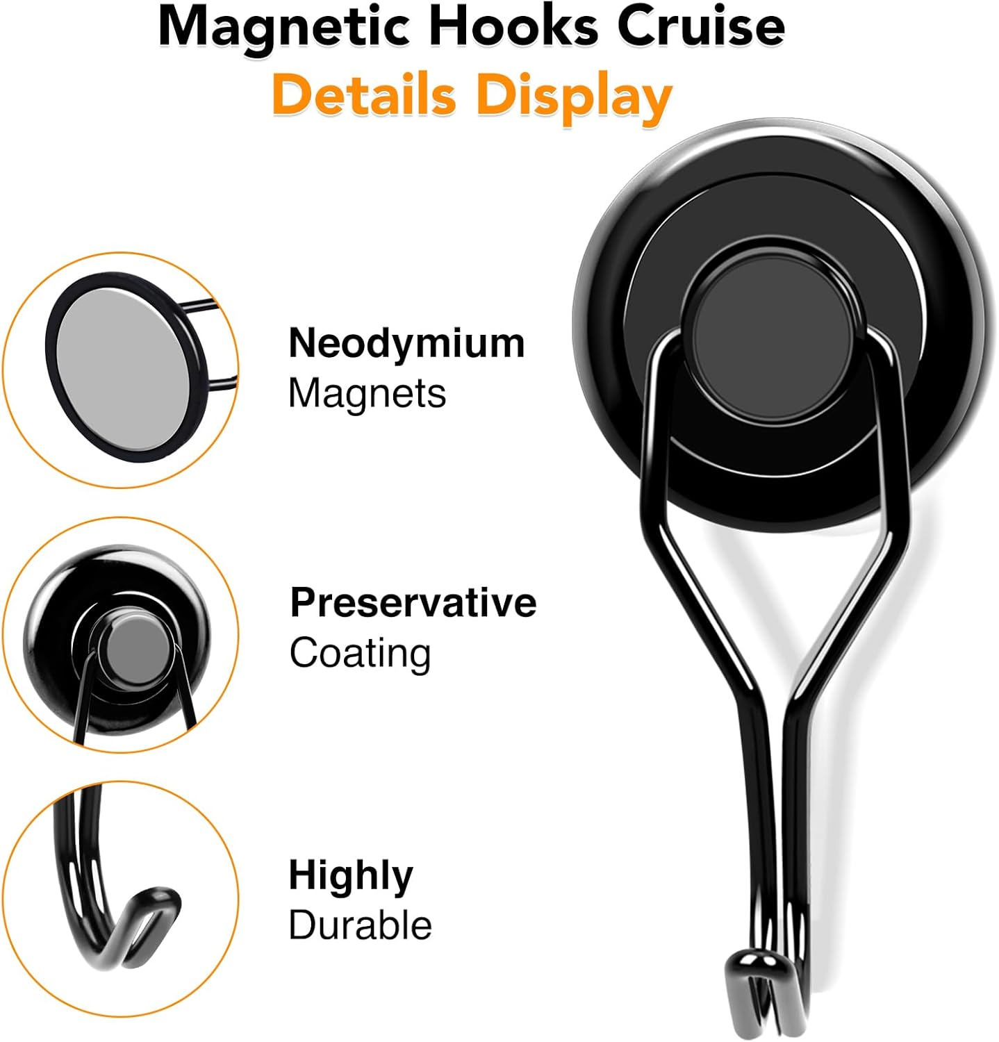 MIKEDE 120 LBS Black Magnetic Hooks, 6 Pack Swivel Swing Magnet Hooks Heavy Duty, Strong Neodymium Magnets Hanger for Hanging, Grill, Cruise Cabins - 32mm(1.26in) in Diameter