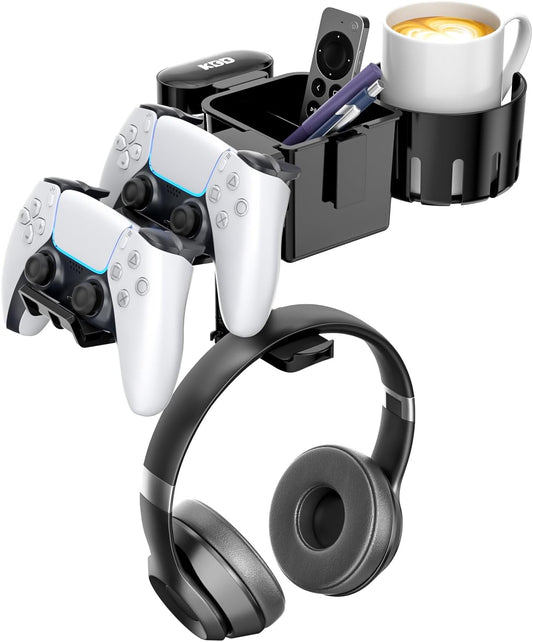 KDD 5 in 1 Desk Controller Holder - Rotating Headphone Hanger with Cup Holder - Clamp On Desk Organizer Holds Controller, Headphone, Cup, Mobile Phone and Pen(Black)