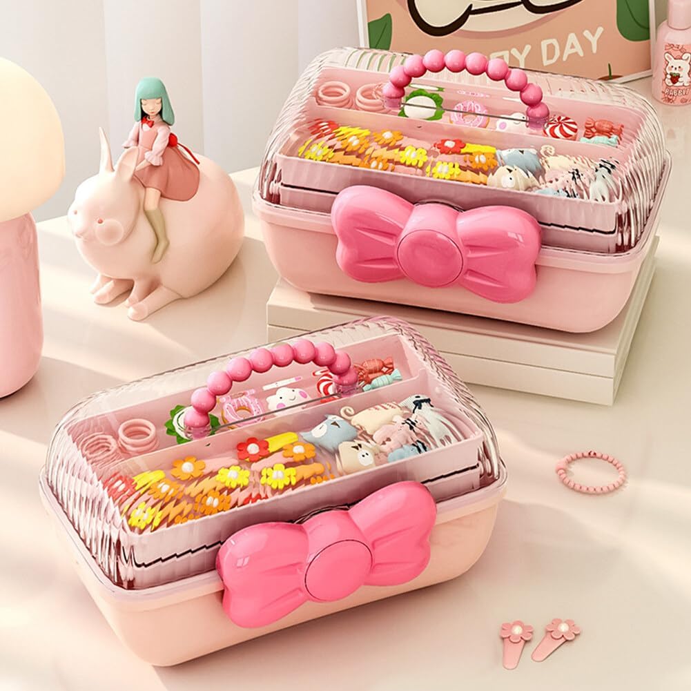 Cute Girls Hair Accessories Storage Box Bow Switch Organizer Box Jewelry Box, Plastic Hair Ties Holder Hair Clips Container Storage Box for Home, School, Office(Pink)
