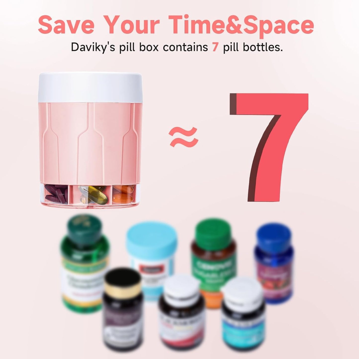 Daviky Pill Bottle Organizer, Supplement Organizer with 7 Large Compartments, Travel Pill Dispenser Round Pill Box with Two Lids（Pink+White）