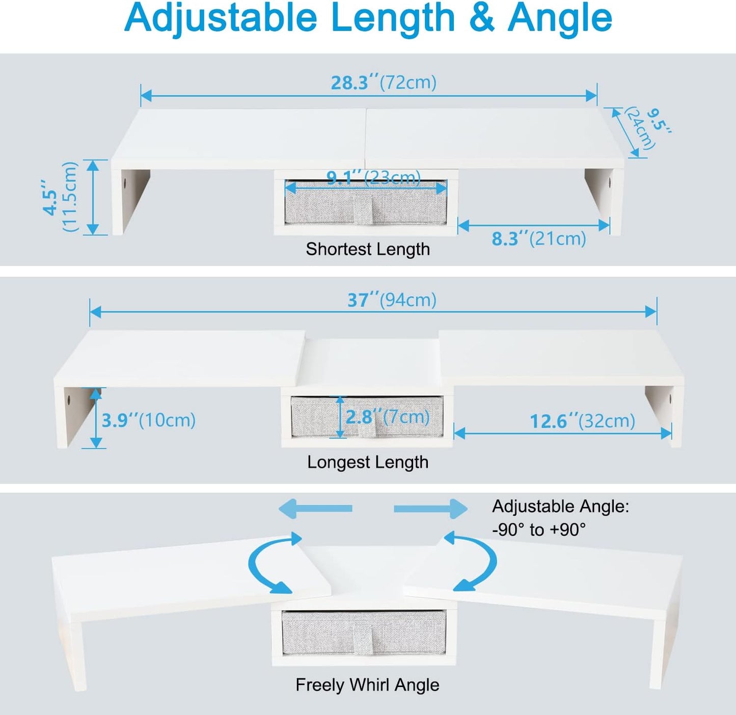 TEAMIX White Dual Monitor Stand Riser with Drawer - Length and Angle Adjustable Double Corner Desk Shelf Organizer 37 inch Long for 2 Laptop/PC/Screen/TV