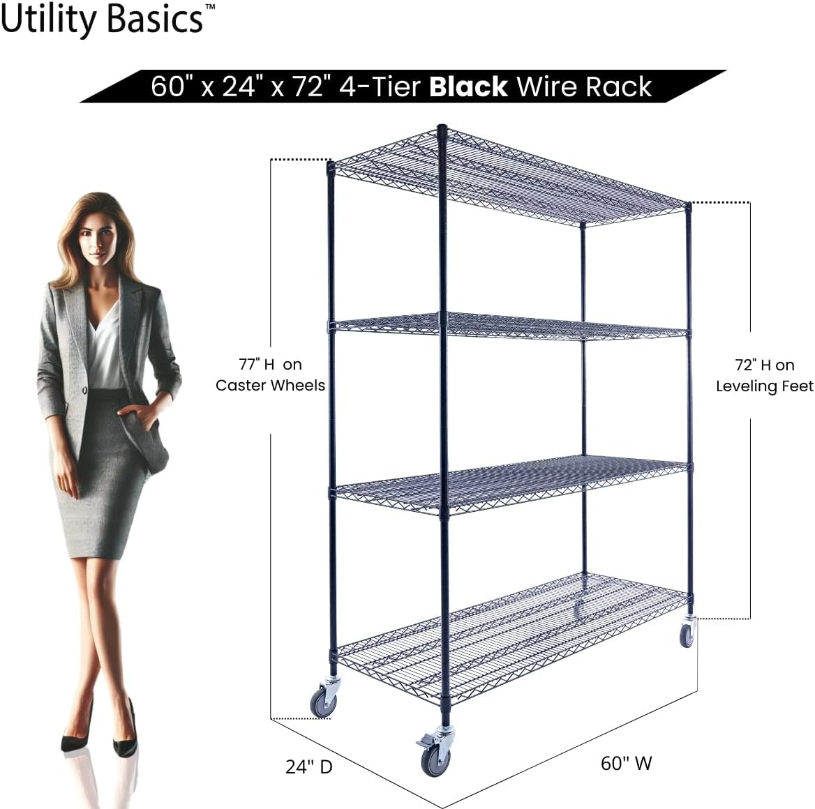NSF Commercial 4-Tier Wire Shelving with Wheels, 60"x24"x72" Heavy Duty Metal Shelves 3200 lbs Max Capacity, Black Storage Rack for Garage Kitchen Pantry Warehouse