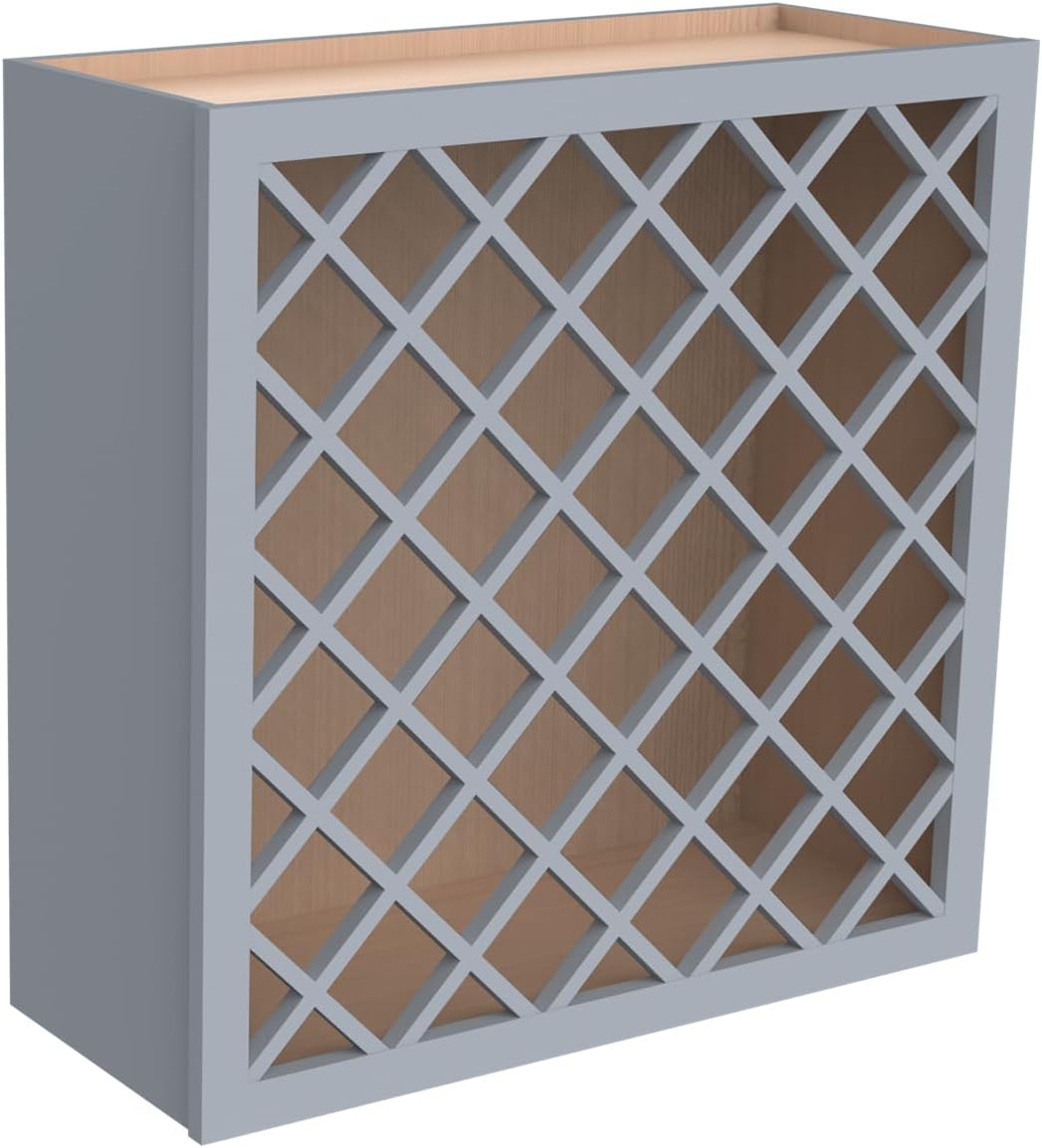 Solid Wood RTA Wine Bottle Rack Wall Cabinet with Lattice Panels - Bottle Holder Storage for Bar, Pantry, or Wine Cellar - Mocha Finish Countertop Solution (Gray, 24'W 12'D 30'H)