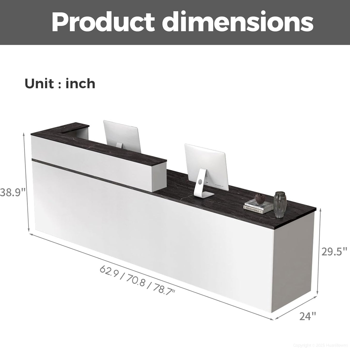 L Shape Reception Desk with Counter, Lockable Drawer, Keyboard Tray, and Double-Layer Storage for Salon, Office, or Clinic (White+Black/Right, 71" L*24" W*39" H)