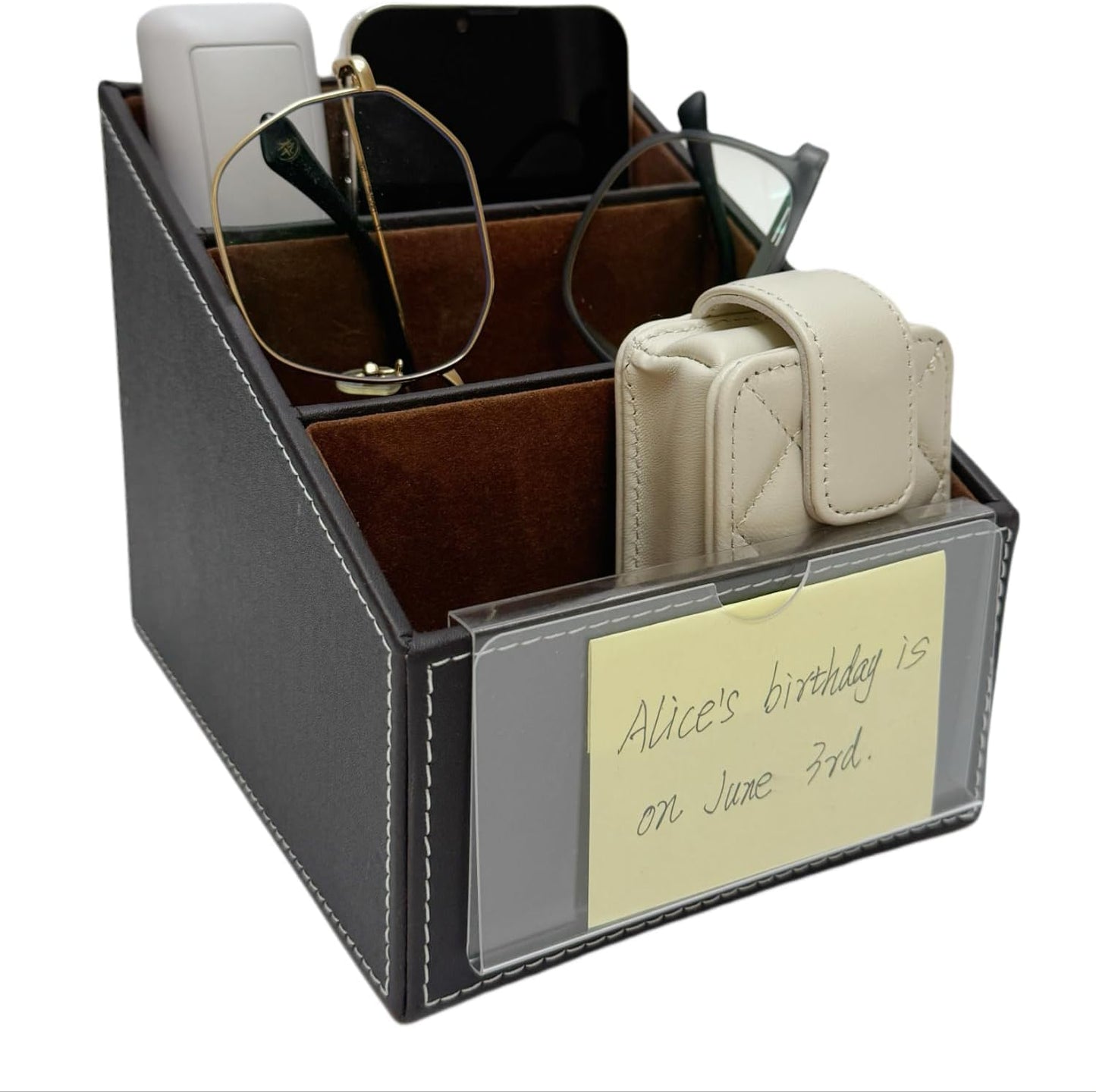 AgentMoon 2-piece Set Remote Control Holder,3-Compartment Gradient Desk Organizer,PU Leather Outside Storage Box with Suede Imitation Lining. 6.3x5.1x5.2 inches,10.8oz/308g(Brown 2PCS)