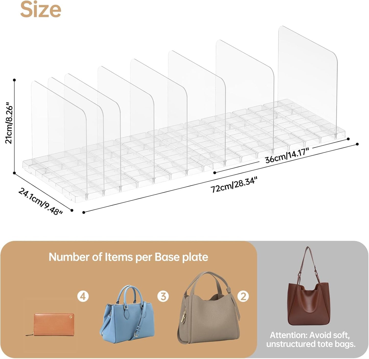 Purse Organizer for Closet, Stackable Handbag Storage Shelf, Adjustable Clear Shelf Dividers, Keep Clutch, Bag, Pocketbook Upright, for Bedroom