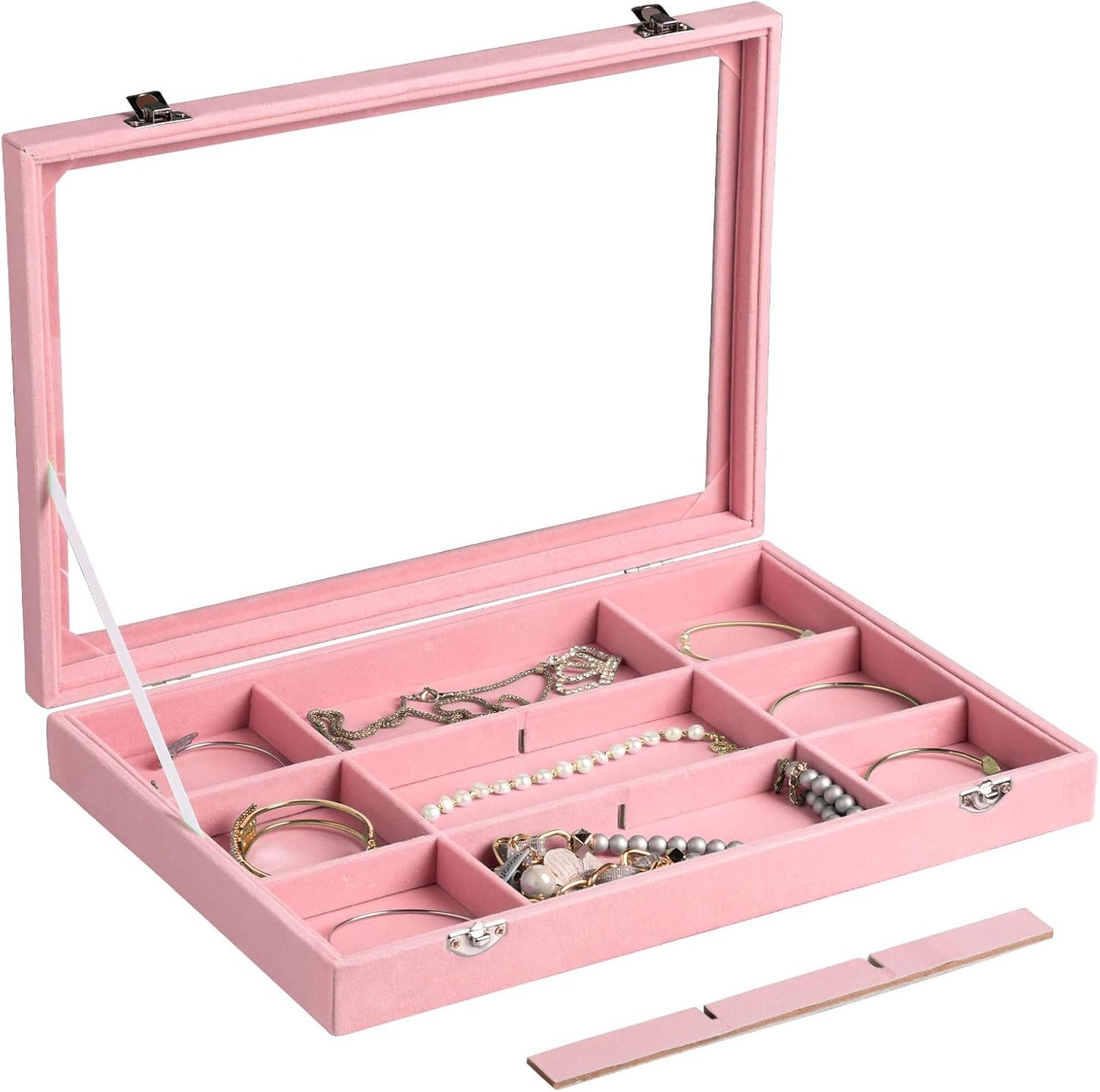 Frebeauty Velvet Jewelry Tray,12 Grid Jewelry Organizer with Clear Lid,Bracelets Holder,Jewelry Display Case with Clasp,Drawer Insert Bangle Brooch,13.8 x 9.5 x 2 Inches,Gift for Women Girls(Pink)