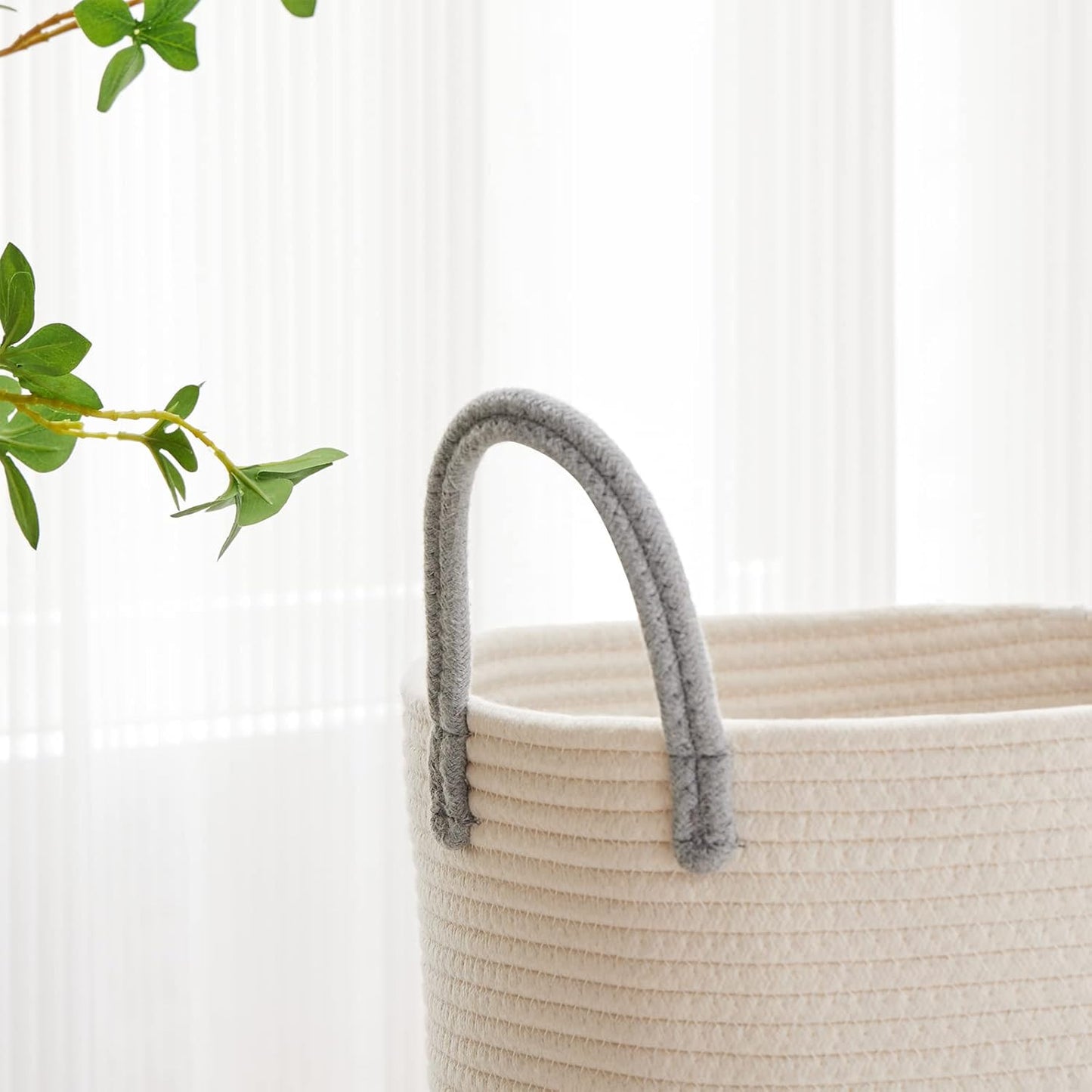 VIPOSCO Large Laundry Hamper, Tall Woven Rope Storage Basket for Blanket, Toys, Dirty Clothes in Living Room, Bathroom, Bedroom - 53L Grey & White