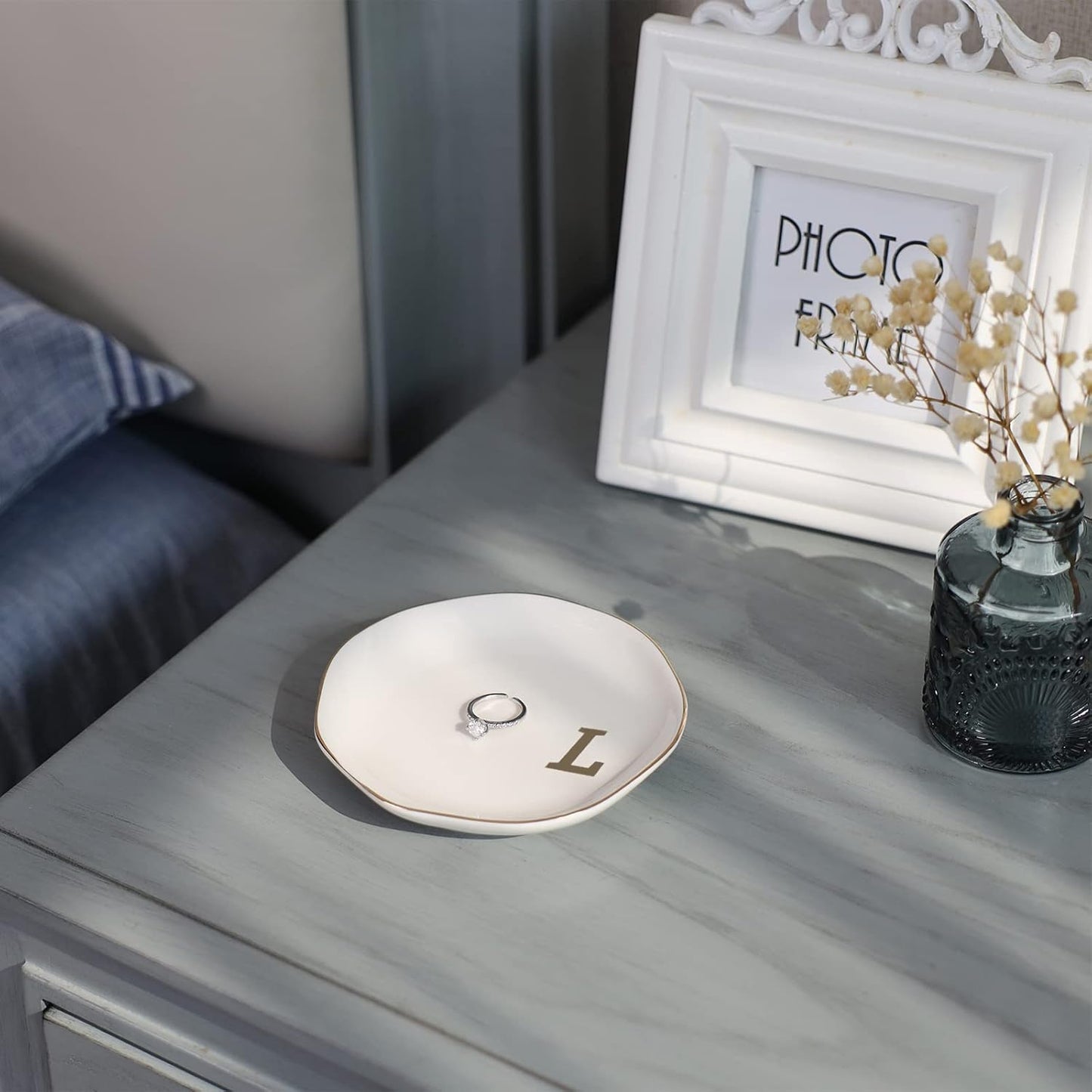 Initials Ring Dish Jewery Tray with personalized L-Monogrammed Gifts Wedding Engagement for Women Friends sister,Ceramic White