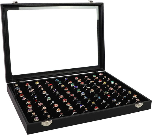 Wudygirl 100 Slot Ring Holder Display Case - Black Jewelry Organizer with Transparent Lid