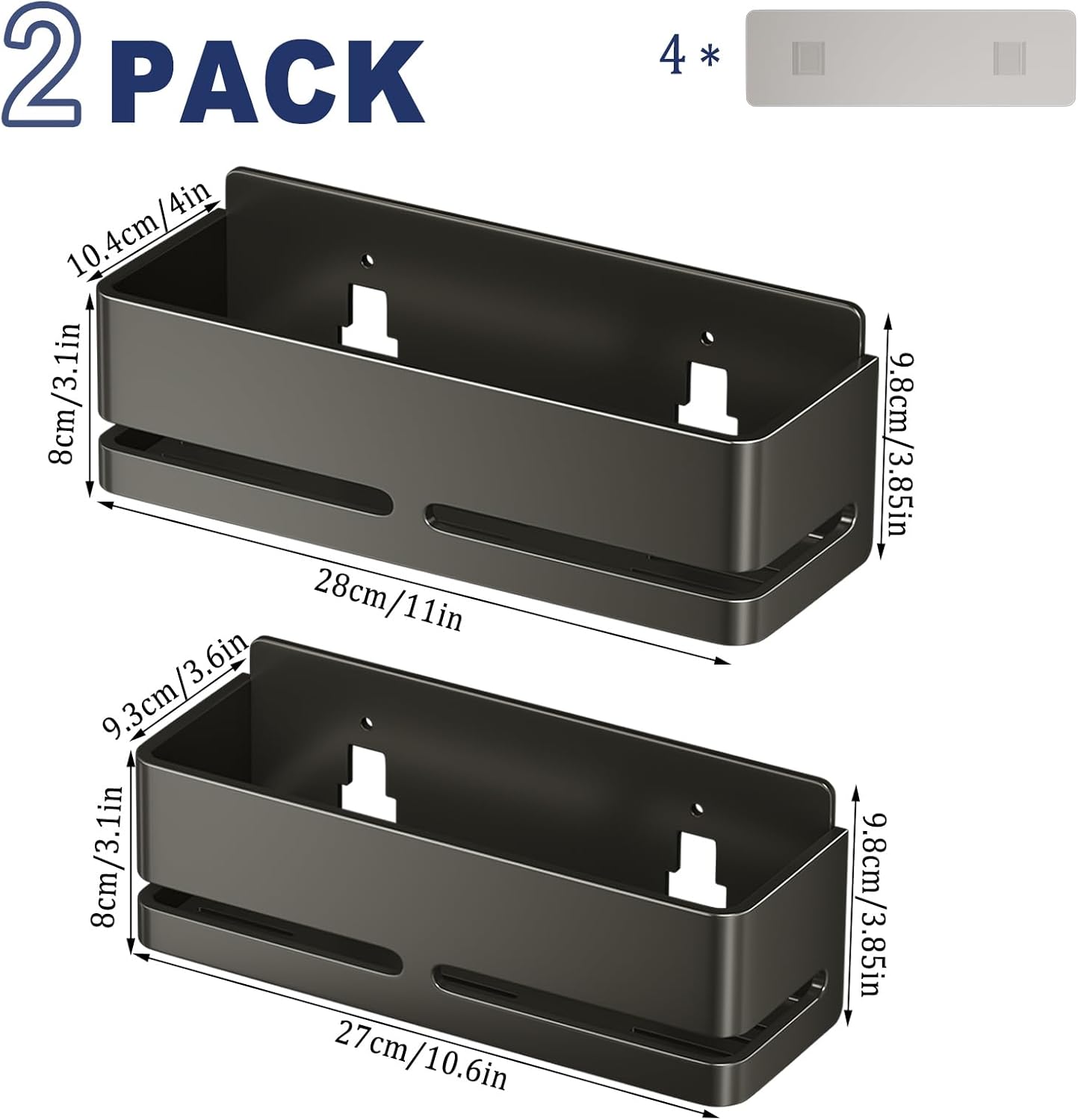 Shower Shelf, 2-Pack, Heavy-Duty Bathroom Storage Shelf, Large Capacity No-Drill Bathroom Organizer, Gray Metal Storage Basket, Adhesive Installation