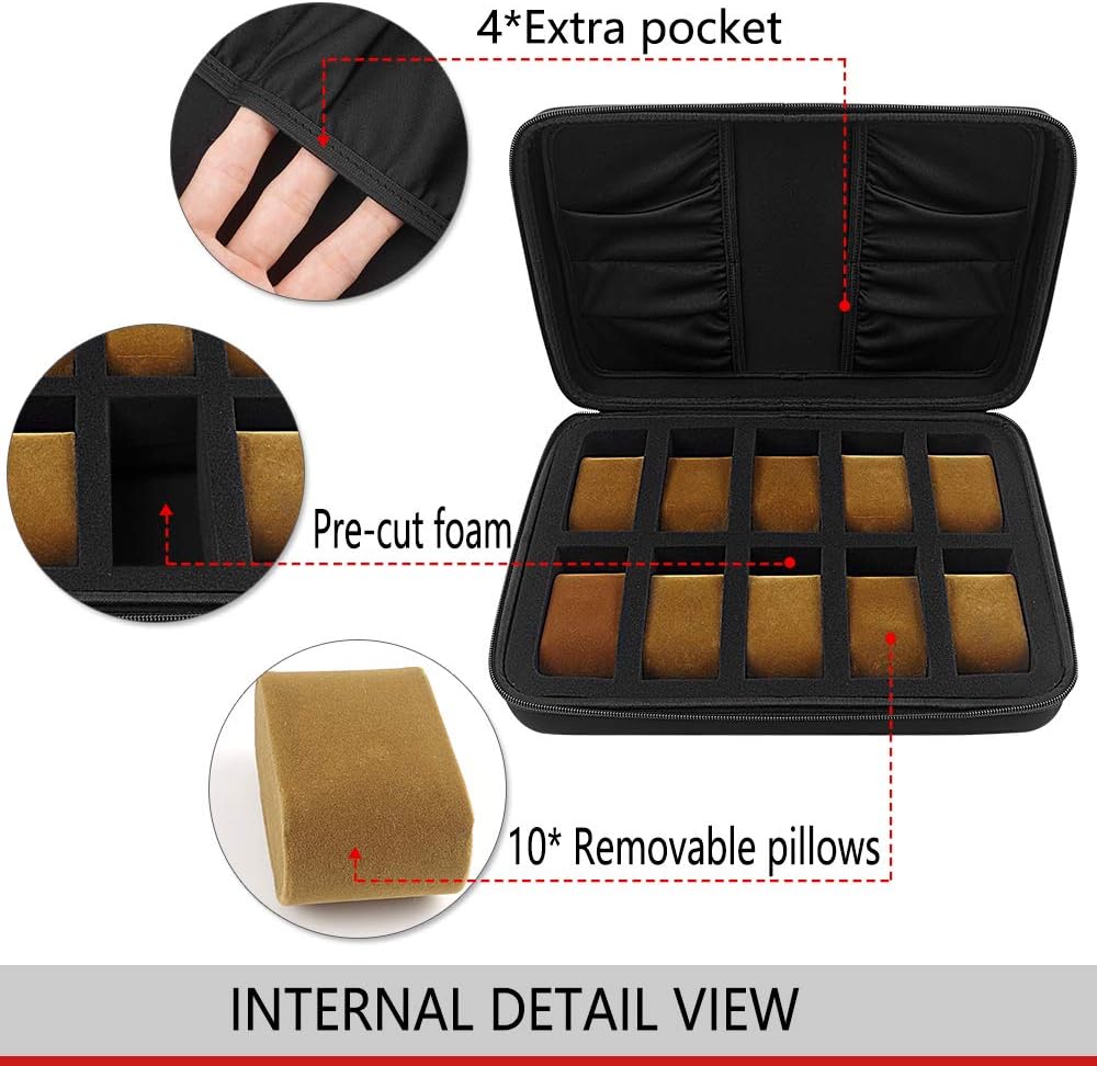 Comecase 10 Slots Watch Box Organizer/Men Watch Display Storage Case Fits All Watches up to 42mm with Extra 4 Pocket (Black)