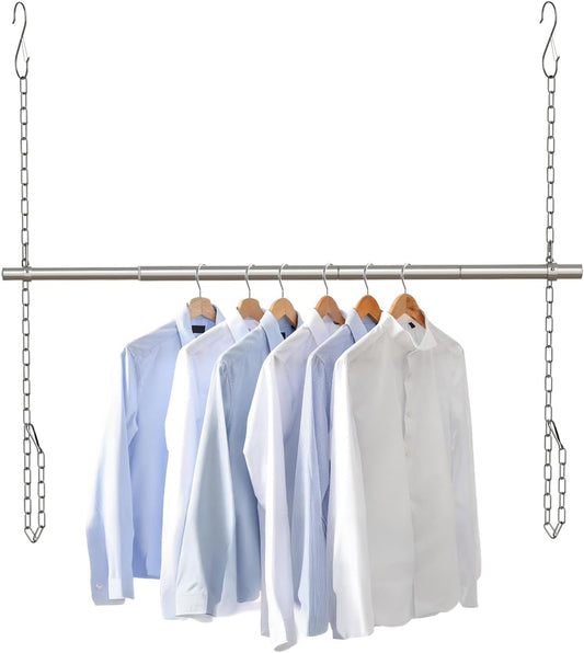 Hanging Closet Rod, Adjustable Width and Height Closet Rods Extender, 17-52inch Heavy-Duty Stainless Steel Bar, Space-Saving Closet Rod Hanging Clothes, 1Pack(Silver)
