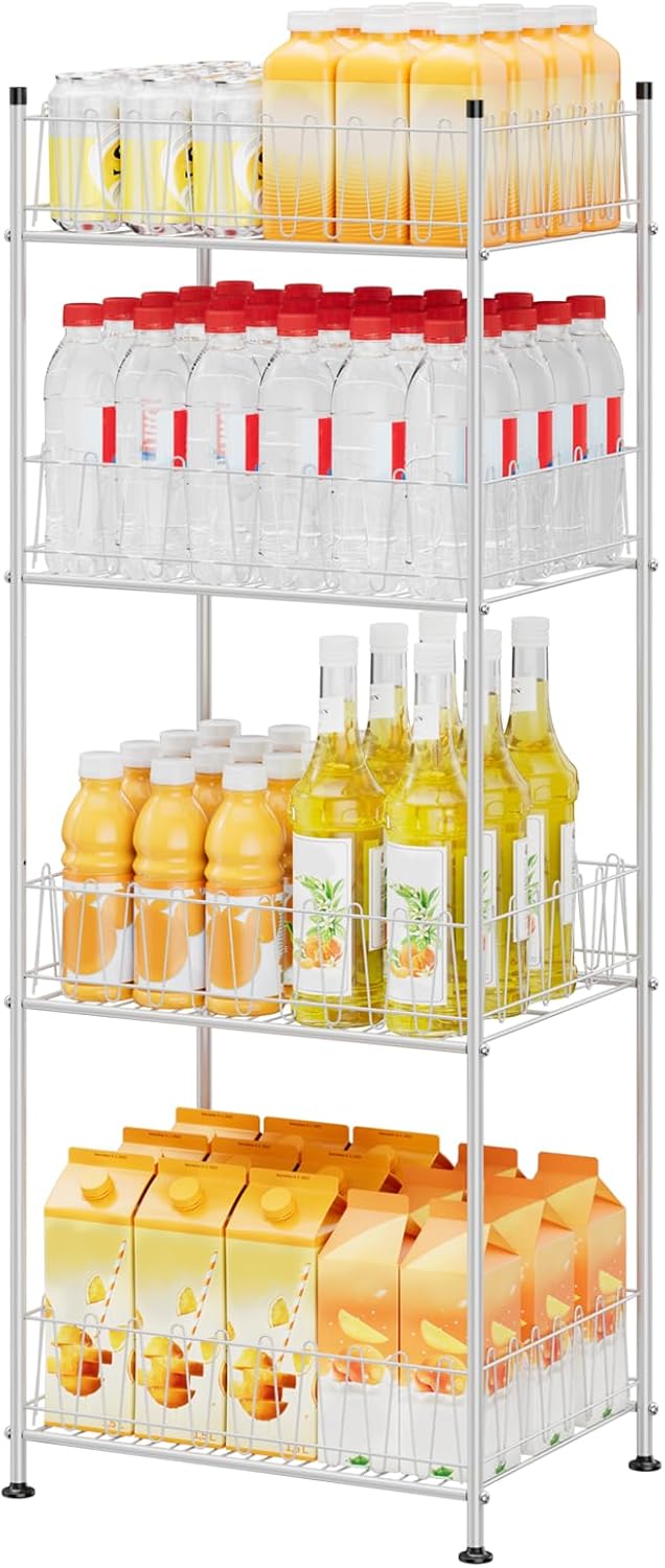 ETELI Water Bottle Holder Organizer 4 Tier Drink Can Shelf Organizer Rack for Floor Freestanding Water Bottle Rack Stand Beverage Storage Shelf for Pantry Kitchen Food Storage, Silver