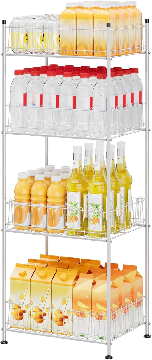 ETELI Water Bottle Holder Organizer 4 Tier Drink Can Shelf Organizer Rack for Floor Freestanding Water Bottle Rack Stand Beverage Storage Shelf for Pantry Kitchen Food Storage, Silver