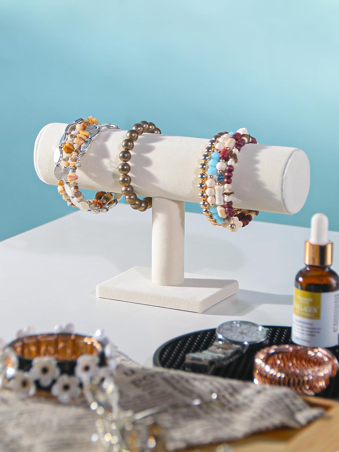 T-Bar Bracelet Holder Stand, Bracelet Jewelry Organizer Stand, Bangle Bracelet Watch Display for Selling, Scrunchie Hair Ties Jewelry Storage Rack for Women (1 tier beige)