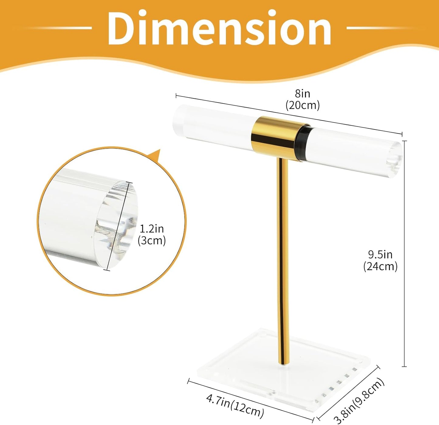 Acrylic Bracelet Holder Display Stand, Tangle-Free T-Bar Necklace Display for Vendors Retail Store Home, Clear Jewelry Organizer, Bangles Watch Holder Stands with Gold Stainless Rod