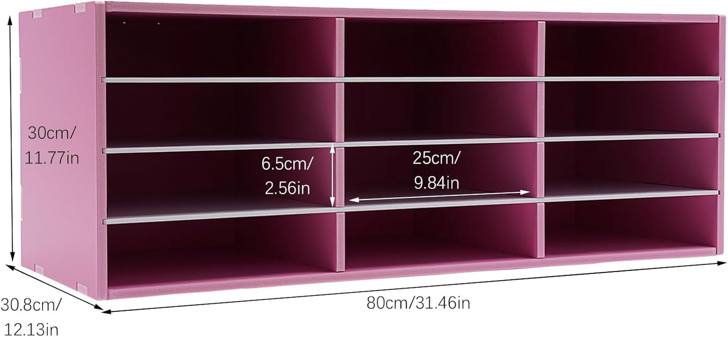 Mail Sorter Organizer, 12 Compartments Mailbox for Classroom, Desktop File Organizer with Adjustable Shelves, for Office Home Classroom, PVC, Pink