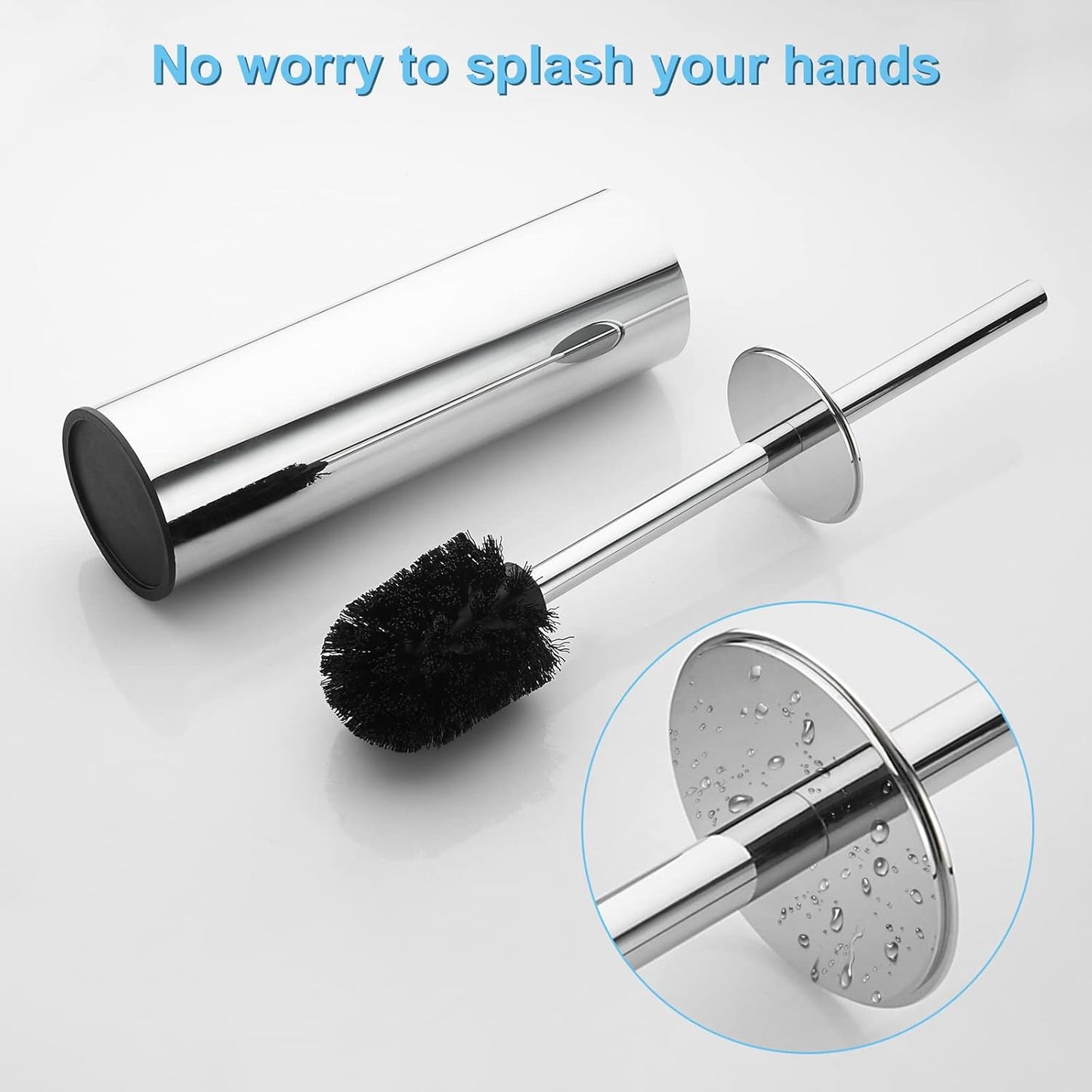 Toilet Brush and Holder Set Chrome Stainless Steel, 304 Heavy Duty Round Toilet Brush Set – Rust Resistant, Long Handle, Replacement Heads, Floor Standing Bathroom Toilet Cleaning Brush