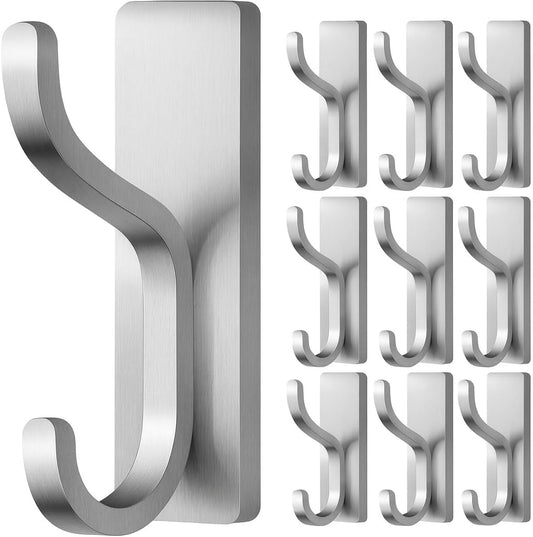 Adhesive Wall Hooks for Hanging Towels - Heavy Duty Stick On Hooks, Strong Hold up to 13 lbs, Damage-Free Hangers for Coats, Bags, Ideal for Door, Closet, or Bathroom, Brushed Silver, 10 Pack