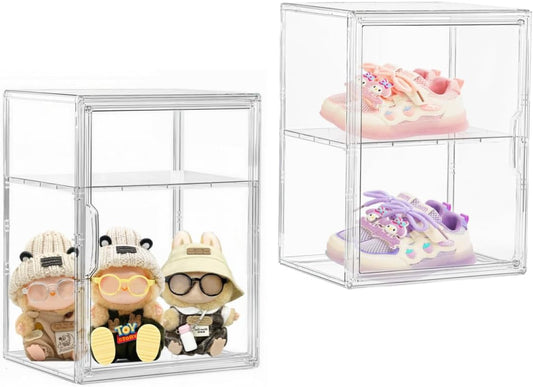 Attelite Large Clear Acrylic Display Case Shoe Storage Boxes With An Adjustable Divider,2 Pack 2 Tiers Clear Plastic Stackable Storage Bins With Lids Display Acrylic Box With Magnetic Door