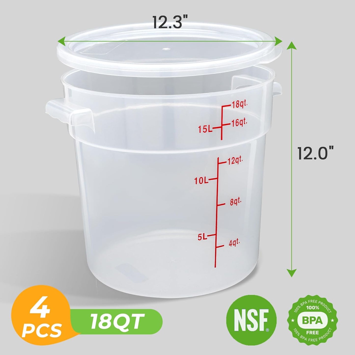 4 Pack Round Food Storage Containers with Lids, 18Qt Translucent Commercial Food Container, Polypropylene, BPA Free, Includes Labels & Measuring Cups