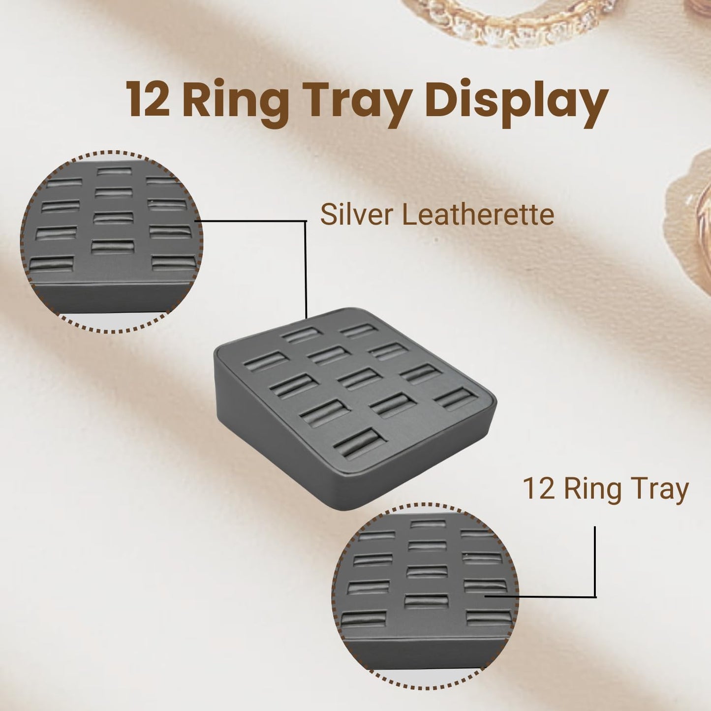 Novel Box 12-Slot Silver Leatherette Rings/Earrings/Cufflinks Holder Tray 5.75x5x2 Inches - Ring Holder Organizer for Selling or Personal Use - Jewelry Display Trays for Special Occasions