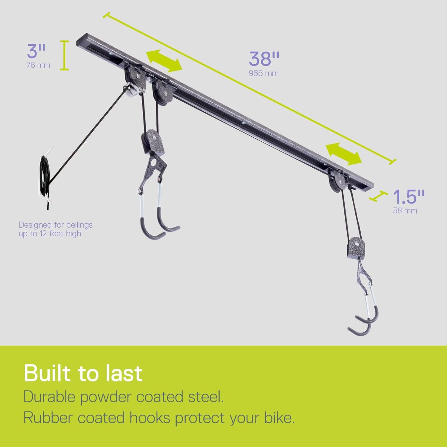 Bike Hoist- Heavy Duty for Space Saving - Road, Commuter & Mountain Bikes, Holds Kayaks & Ladders - No-Hassle Installation for Quick & Easy Access