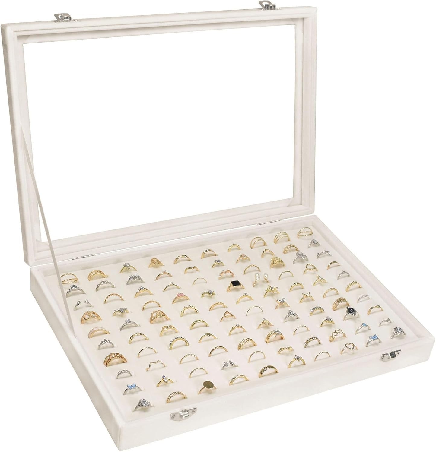 Velvet Ring Display Tray Organizer Box with Transparent Lid, 100 Slot Ring Holder Showcase For Store Display Jewelry Show Home, Ring Organizer For Rings Earrings (Beige)