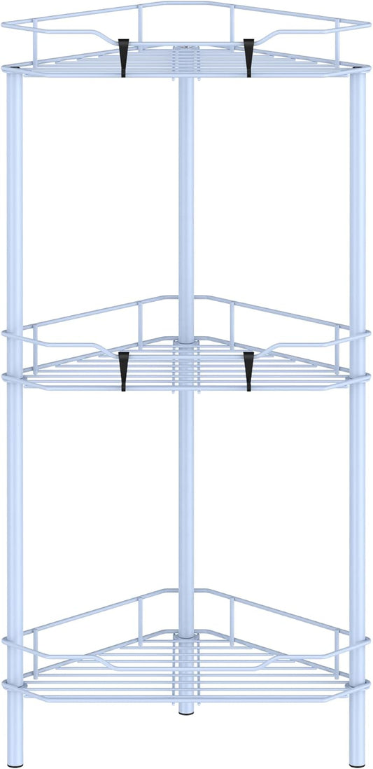3 Tier Floor Standing Corner Shower Caddy Organizer Shelf with Hooks, Bathroom Shelves Stand Rack, Blue