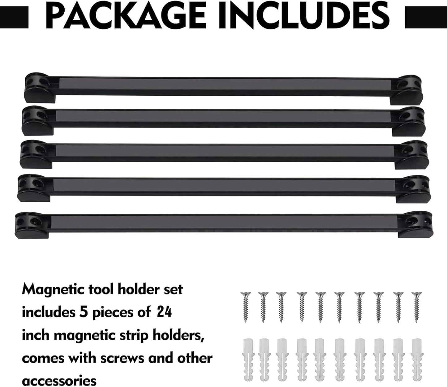 24" Magnetic Tool Holder, 5 Packs Magnetic Storage Strips Magnet Bar PVC Coated for Garage Tool Organizer Mounted Hanging Strip,Heavy Duty of Holder Easy to Install