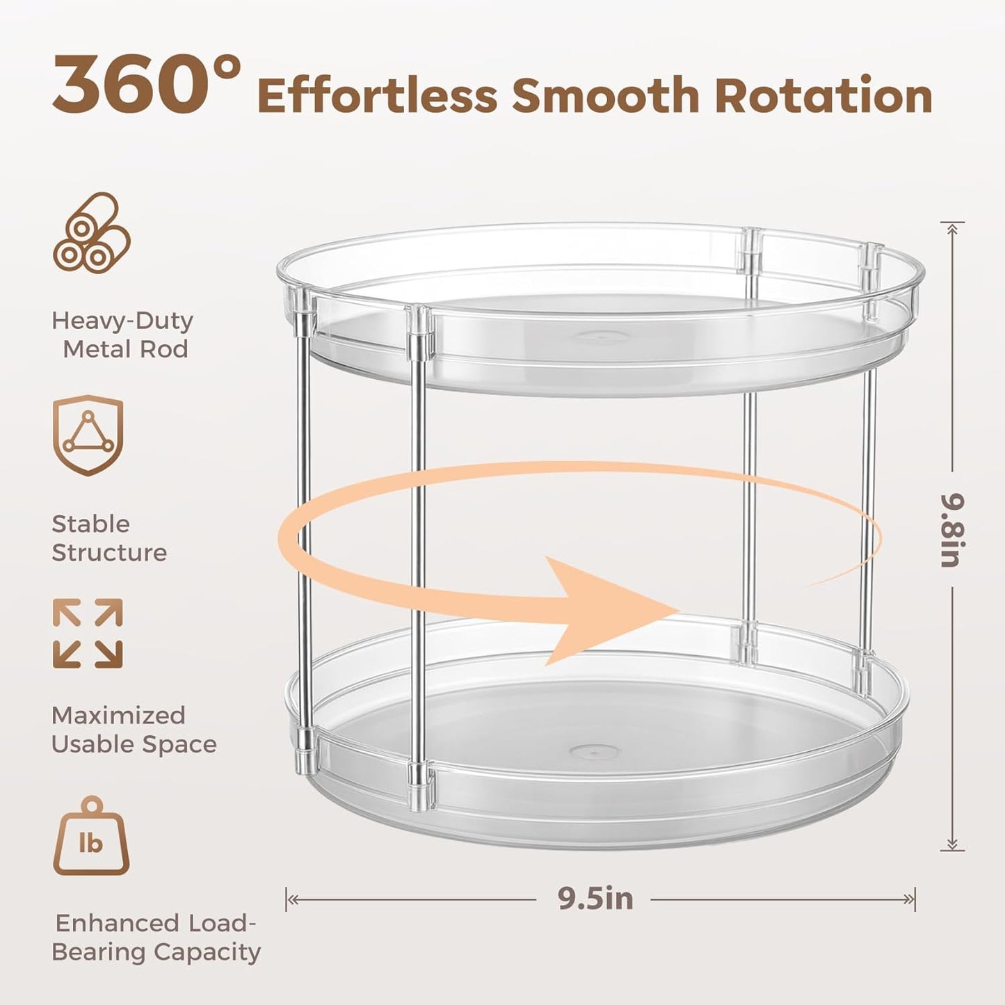 2-Pack 2-Tier Clear Lazy Susan Turntable Organizer, 9.5" Rotating Spice Rack for Kitchen Cabinet, Countertop Tray for Bathroom & Vanity to Organize Makeup, Perfume and Jewelry