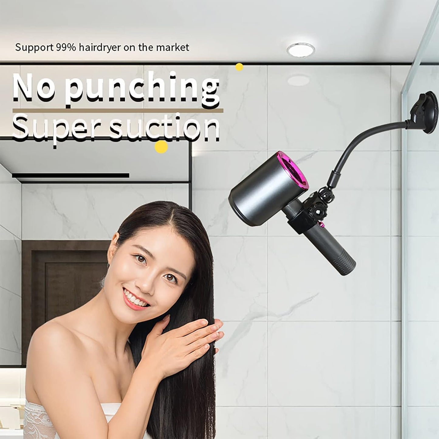 LUEXBOX Adjustable Hair Dryer Holder Stand, 360 Degree Rotation Blow Dryer Bracket with Positionable Arm and Suction Cup, Hands Free Hair Dryer Holder for Mirror and Ceramic Tile (Black 2Pack)