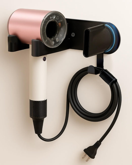 Hairdryer Holder Wall Mounted, Hair Dryer Mount Compatible with Dyson, Magnetic Hair Dryer Hook Adhesive Aluminum Alloy Blow Dryer Wall Mount for Bathroom Black No-Drill/Screw Installation UEMUSI
