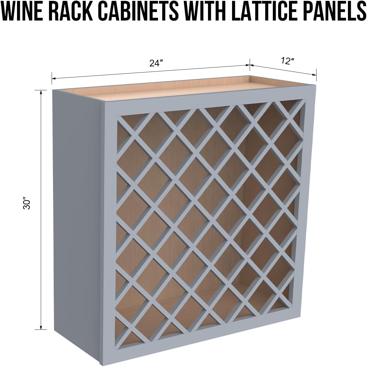 Solid Wood RTA Wine Bottle Rack Wall Cabinet with Lattice Panels - Bottle Holder Storage for Bar, Pantry, or Wine Cellar - Mocha Finish Countertop Solution (Gray, 24'W 12'D 30'H)