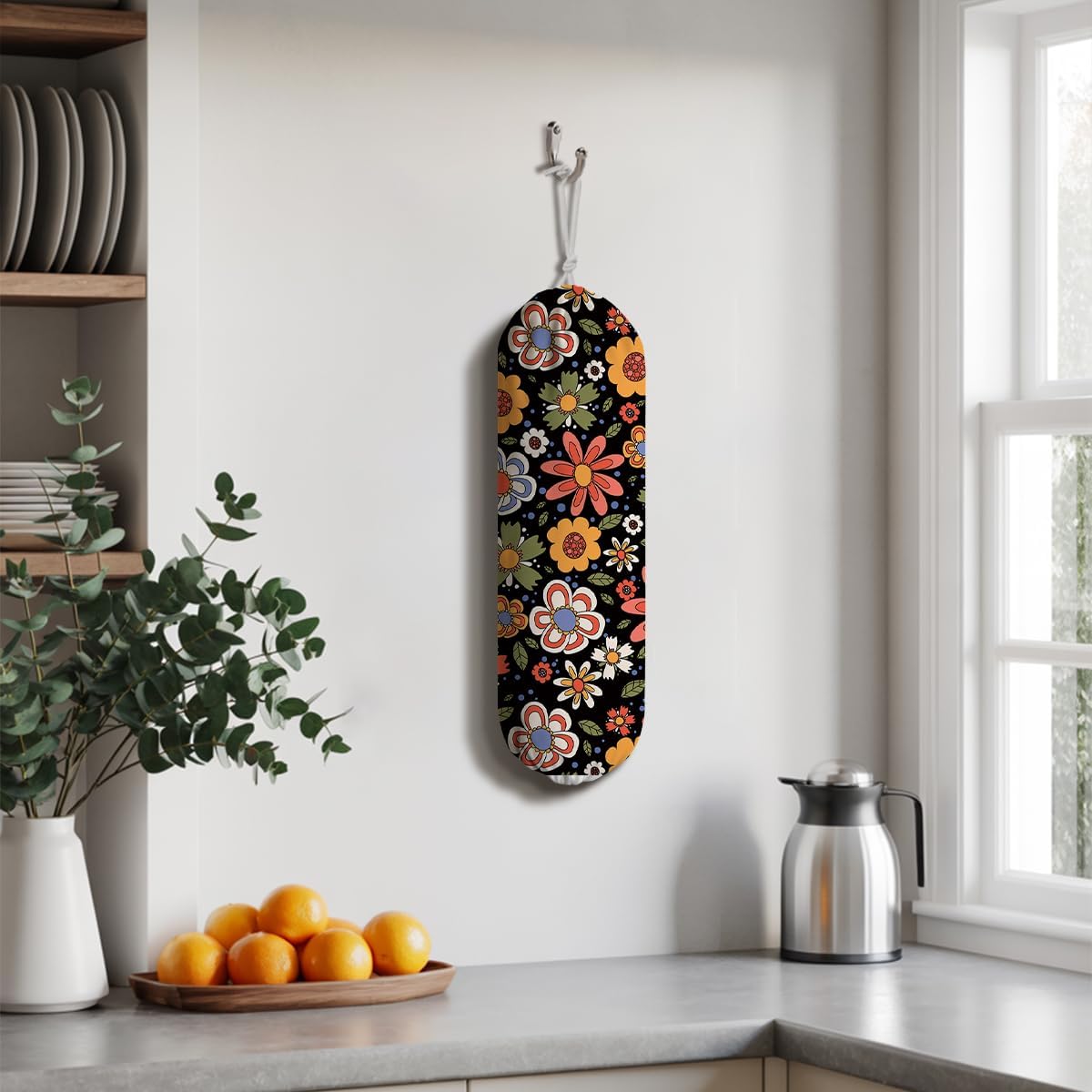 Flower Plastic Bag Holder, Wall Mount Grocery Bags Organizer, Washable Car Trash Bags, Kitchen Housewarming Gifts for Women Family Friends Grandma Mom, Kitchen Pattern Garbage Bag 59