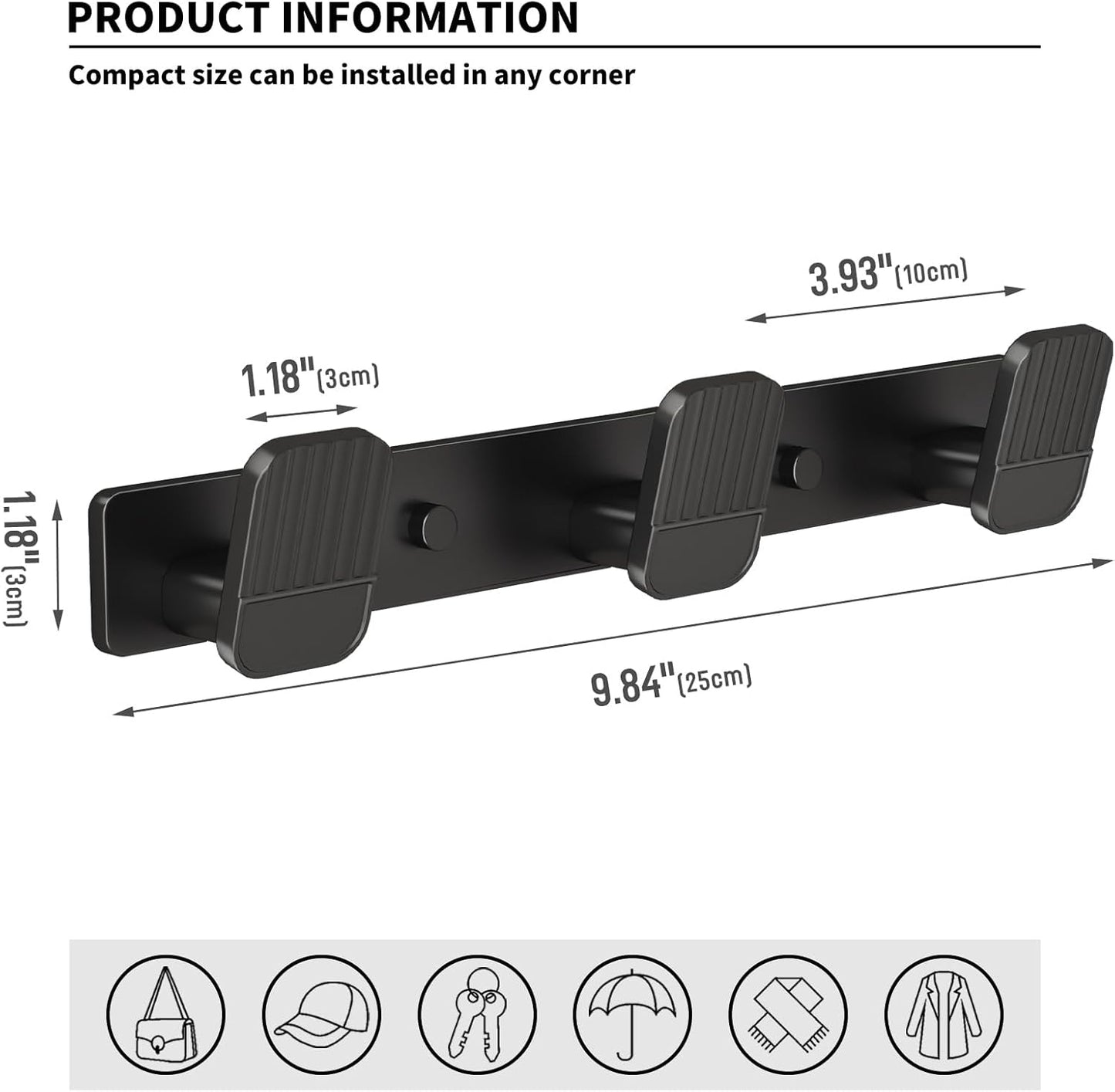Coat Rack Wall Mount Coat Hooks - Black Hook Rack with 3 Hooks Aluminum Wall Rack Hooks for Hanging Coat Hat Bag Towel Hanger Rustproof Coat Holder