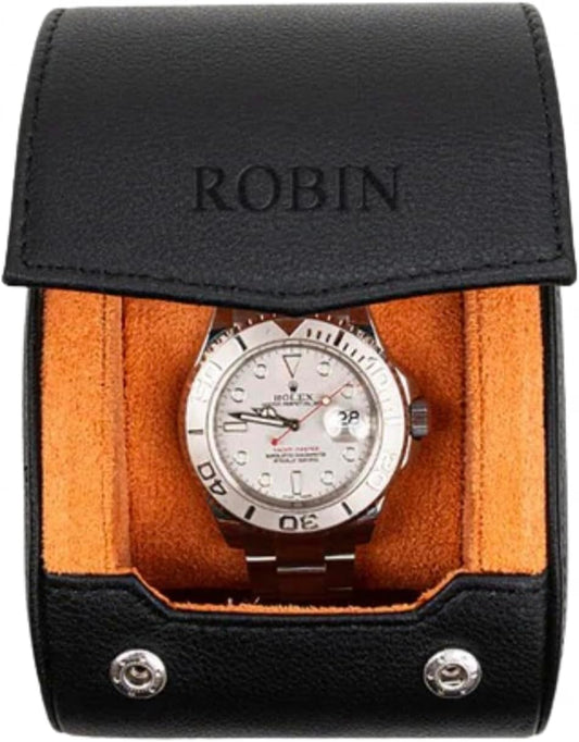 DailyWatch | Personalized Watch Roll Travel Case For 1 Watches - Handmade Genuine Leather Travel Case With Custom Engraving of Name or Initials - Black Orange