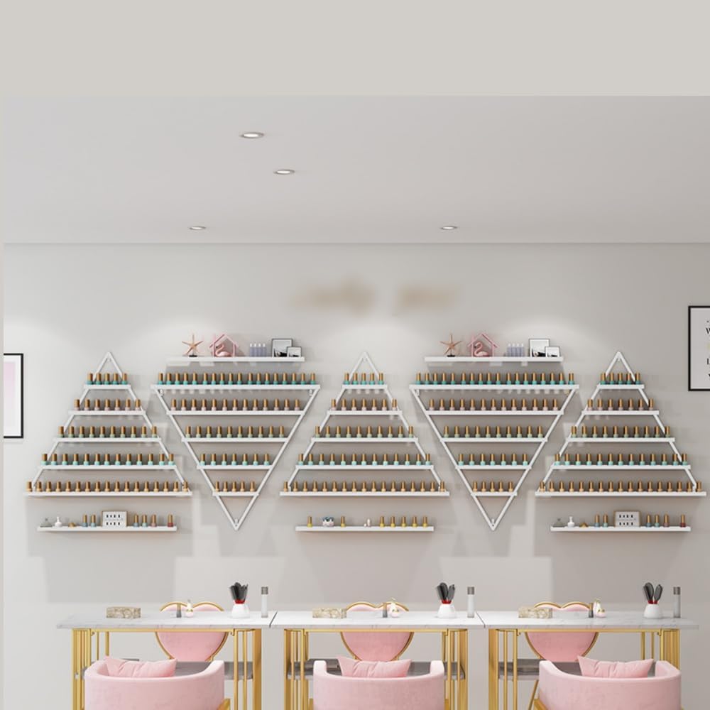 Elegant Wall Mounted Nail Polish Storage Rack Set of 10 Triangular Cosmetic Display Shelves for Essential Oil Bottles, Organize Your Lipsticks and Perfumes in Style at Home or Salon (White)