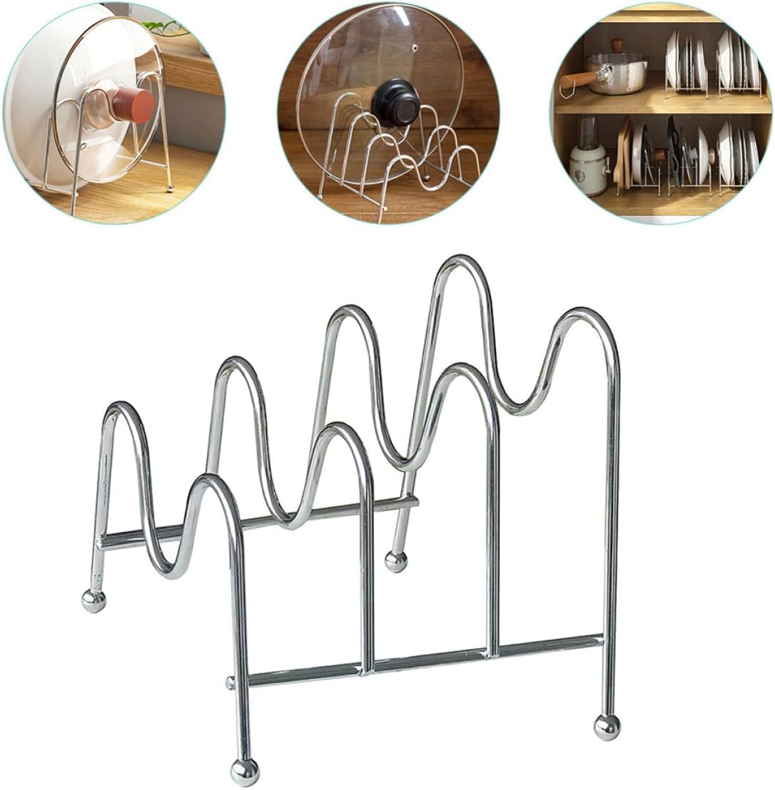Uonlytech Multipurpose Silver Kitchen Pot Lid Holder Rack with Compartments for Organizing Pan Covers Plates and Cutting Boards Convenient Hygienic Storage Stand for Countertop and Cabinet