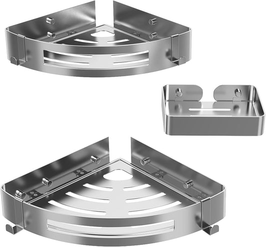 VINIUSIKI 3-Pack Polished 304 Stainless Steel Shower Caddy - Corner Shelves with Soap Holder & 4 Hooks, Adhesive Wall Mounted Organizer for Bathroom, Kitchen, Home Decor