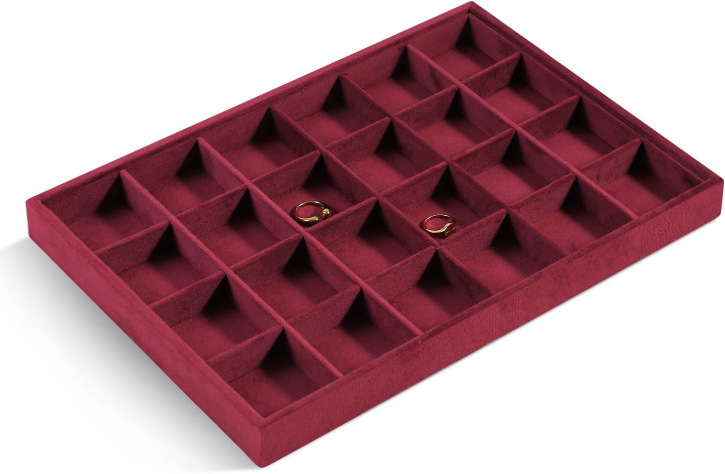 Velvet Stackable Jewelry Display Tray, 24 Grid Earring Ring Storage Tray, Drawer Divider Jewelry Accessories Organizer Plate (Red)