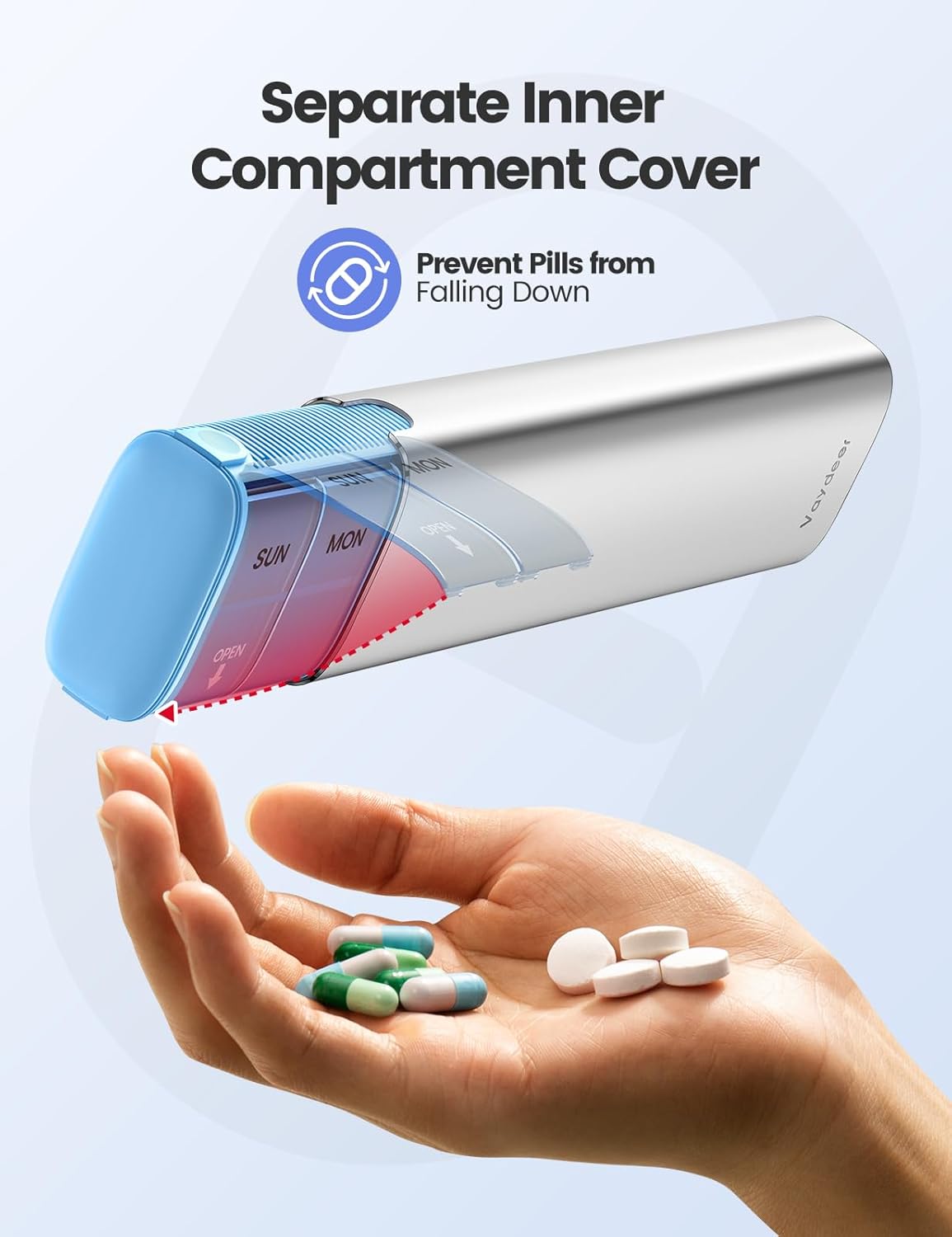 VAYDEER Metal Weekly Pill Organizer – Moisture-Proof Travel Pill Organizer with Built-in Desiccant Chamber and Airtight Lids – Large-Capacity Pill Box for Vitamins, Medicines & Supplements(Silver)