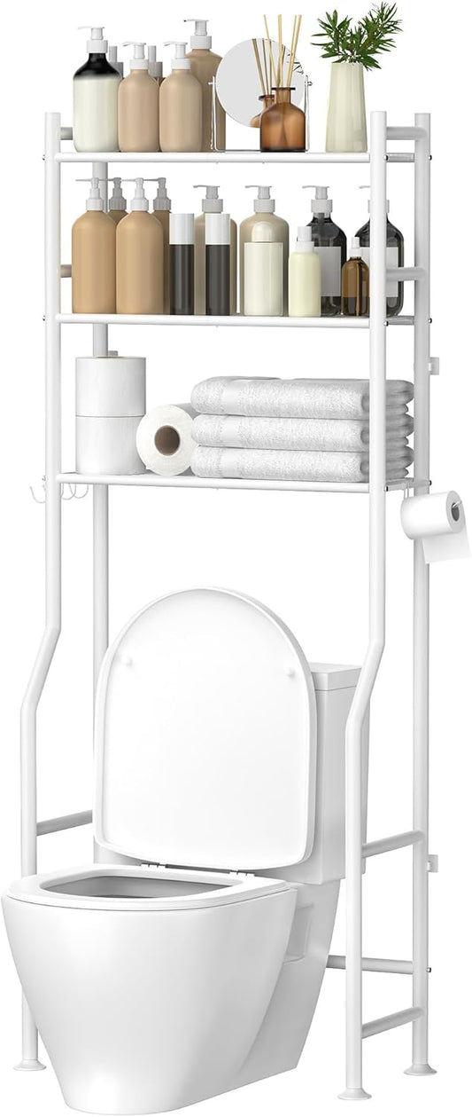 3-Tier Over The Toilet Storage, Space Saver Metal Bathroom Shelves, Freestanding Above Over Toilet Storage Shelf with 4 Hooks for Bathroom, White