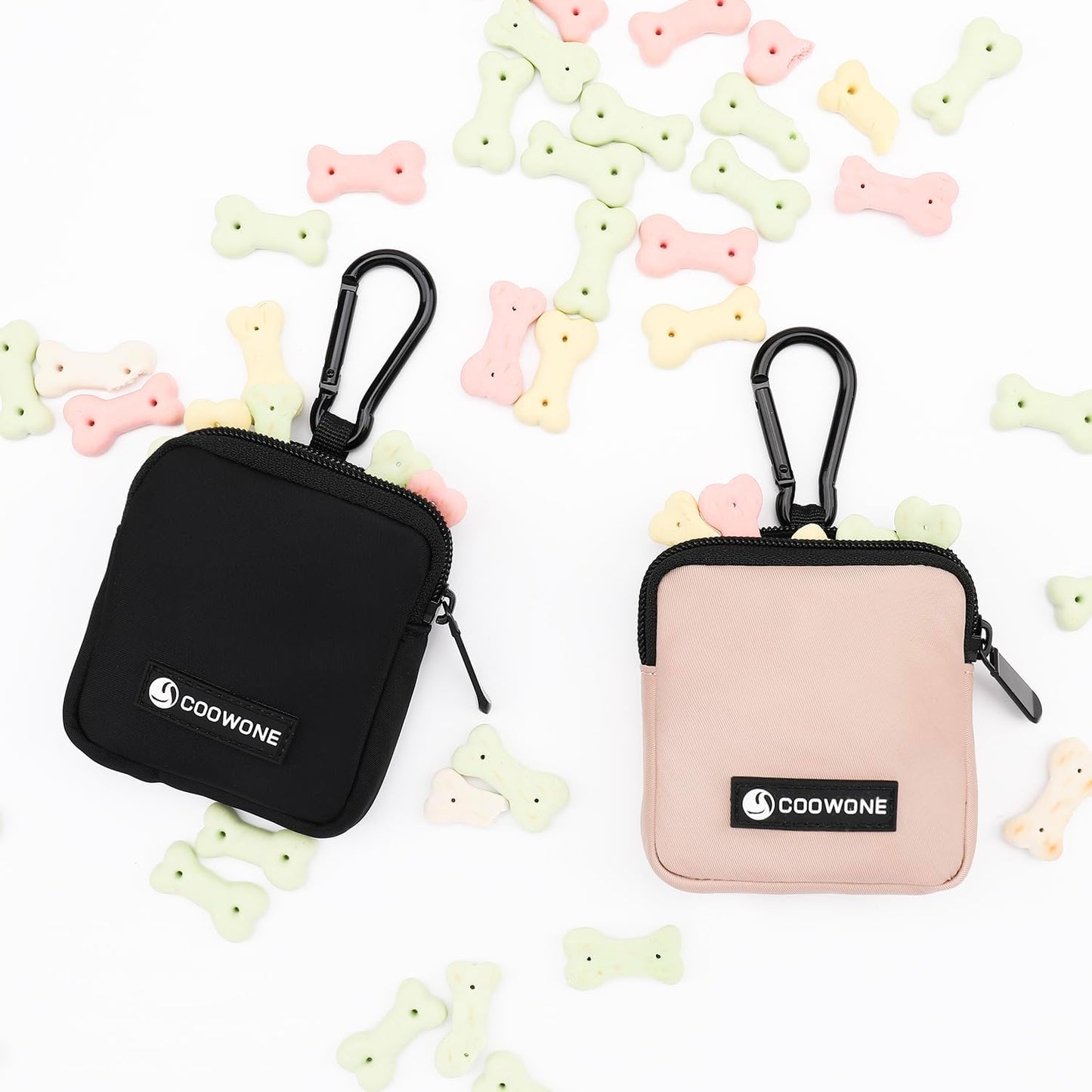 Dog Treat Pouch 2 PCS, Waterproof Small Dog Treat Bag for Leash, Hands Free Puppy Walking Bag with Carabiner, Pet Poop Bag Holder for Pet Puppy Travel or Outdoor Use, Zipper Closure to Avoid Spilling
