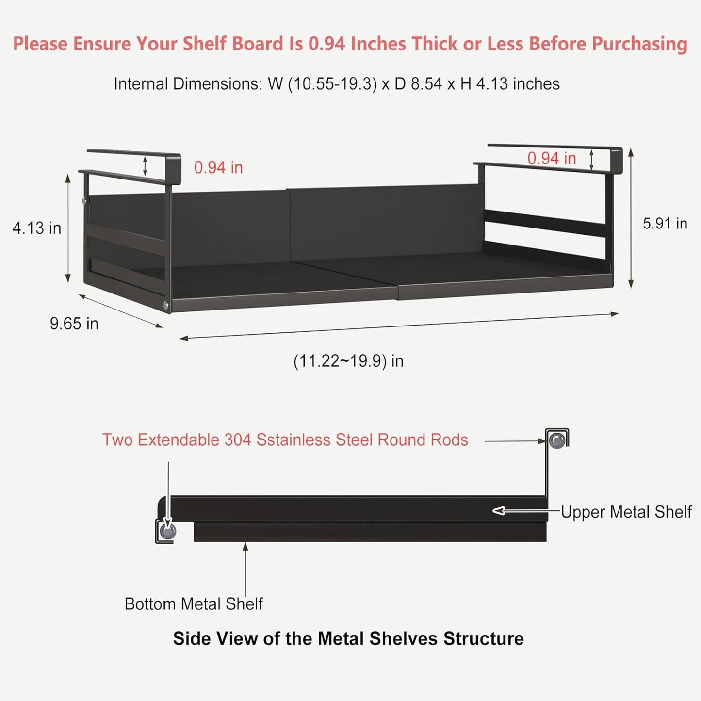 Expandable Under Cabinet Shelf Organizer with 0.94-Inch Thick Clips, Heavy Duty Extendable Under Shelf Storage Basket for Pantry or Laundry Room, Black, 2 Pack, Interior: 4.13" H x 8.54" D