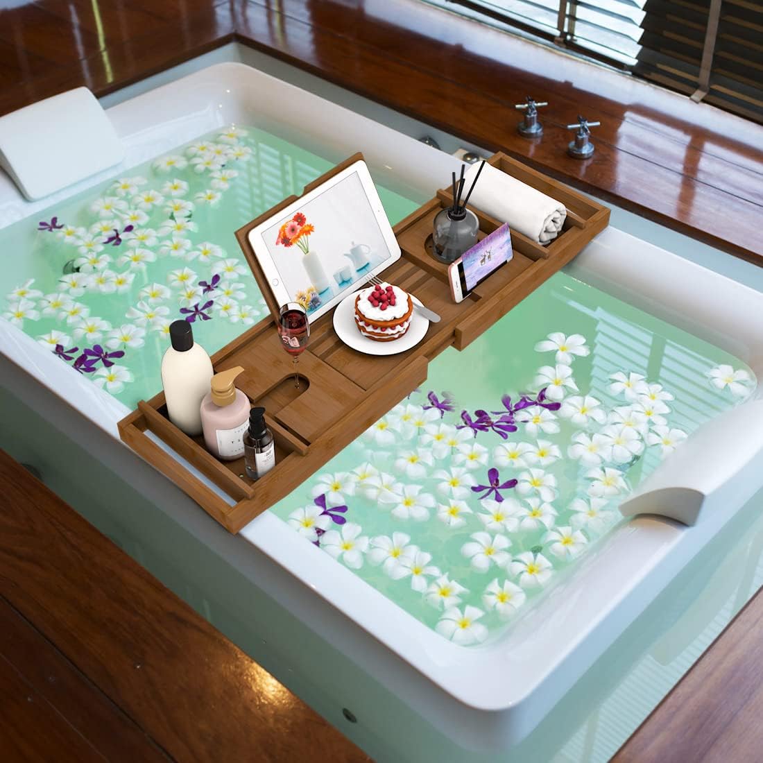 Bamboo Bathtub Tray for Luxury Bathroom, Expandable Premium Bath Tray with Soap Towel Book Holder, Luxury Spa Wooden Bath Table for Reading Laptop Over The Clawfoot Walnut