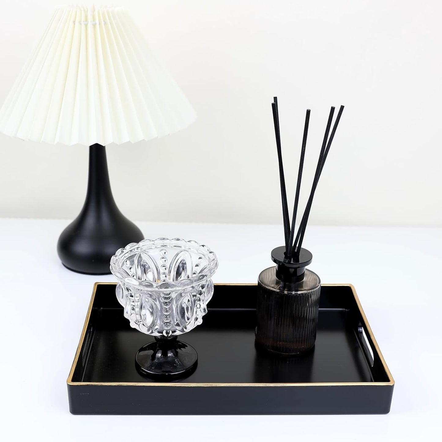 Spsyrine Black Bathroom Vanity Tray with Handles for Dresser Tops, Countertop, Perfume Decorative Tray, 11.8” * 7.87” *1.37”
